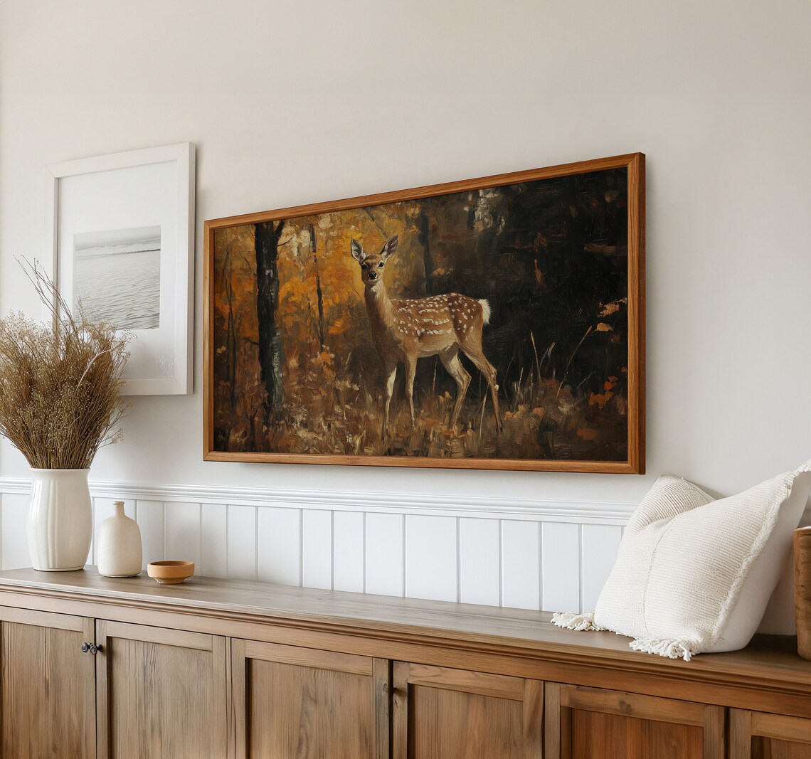 Fawn Deer Autumn Forest Wildlife Vintage Oil Painting Poster - Image 2