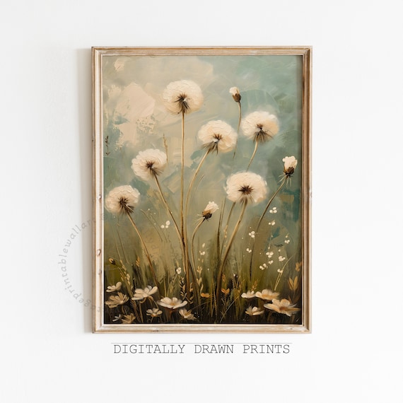 White Dandelion Puffs Seed Heads Sage Green Vintage Floral Oil Print