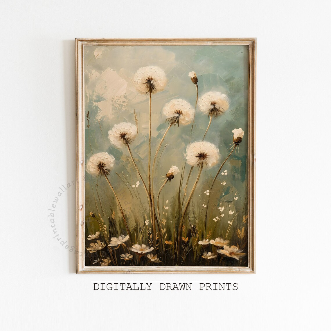 White Dandelion Puffs Seed Heads Sage Green Vintage Floral Oil Print