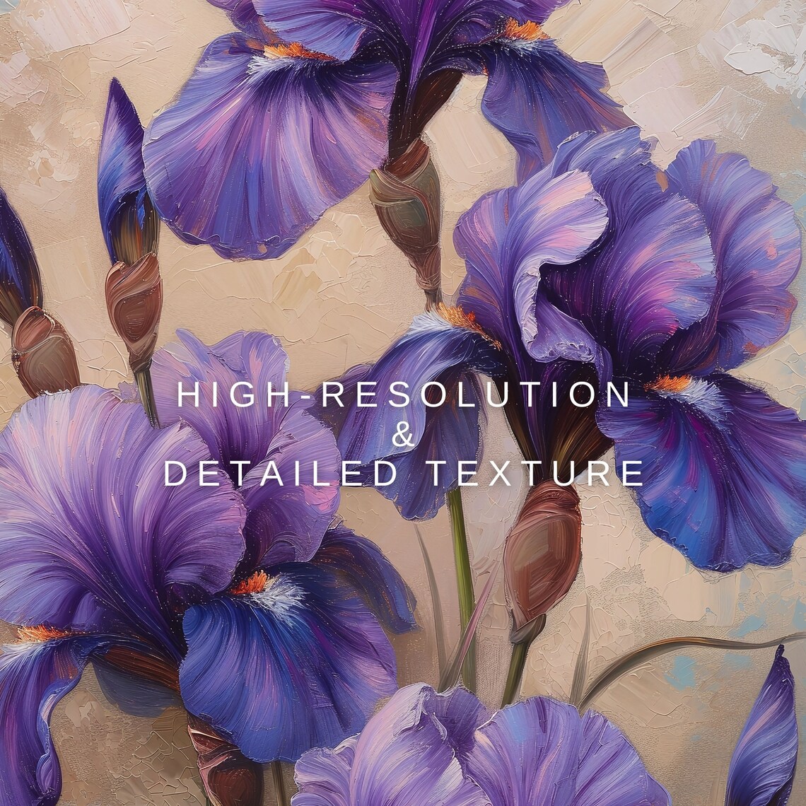 Vintage Purple Irises Oil Painting Muted Beige Floral Botanical Print - Image 2