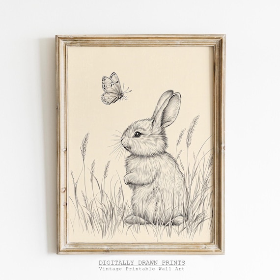 Easter Bunny Sketch, Vintage Rabbit Farmhouse Art Print