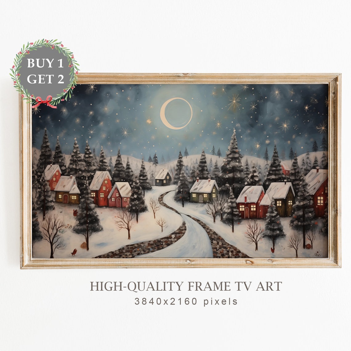 Snowy Village Under Crescent Moon Night Christmas Art Poster
