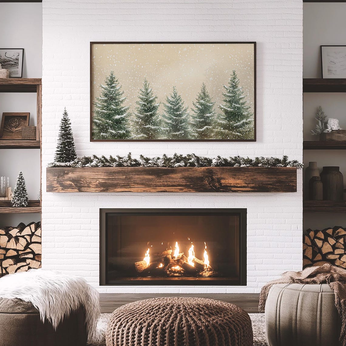 Snowy Evergreen Trees Row Falling Snow Beige Sky Christmas Poster - Image 4