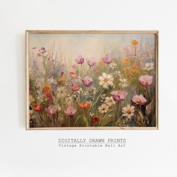 Wildflower Field Landscape, Vintage Oil Painting Art Print