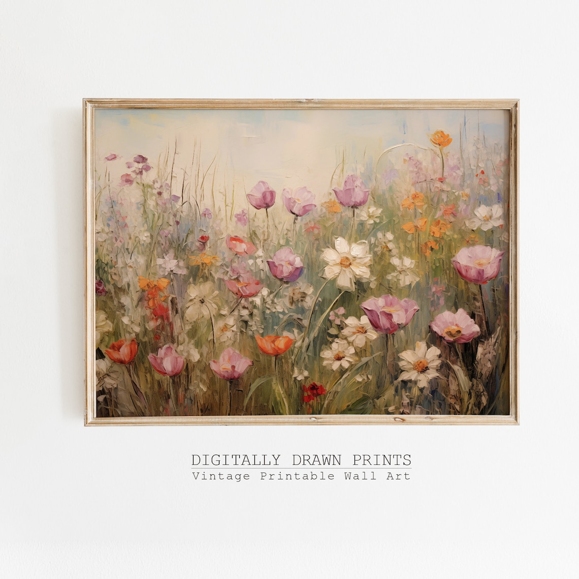 Wildflower Field Landscape, Vintage Oil Painting Art Print