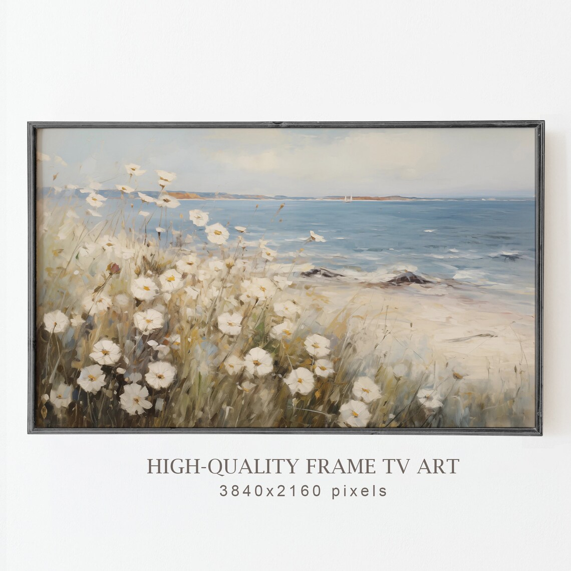White Seaside Wildflowers Ocean Cliff Shore Neutral Vintage Scenery Poster - Image 5