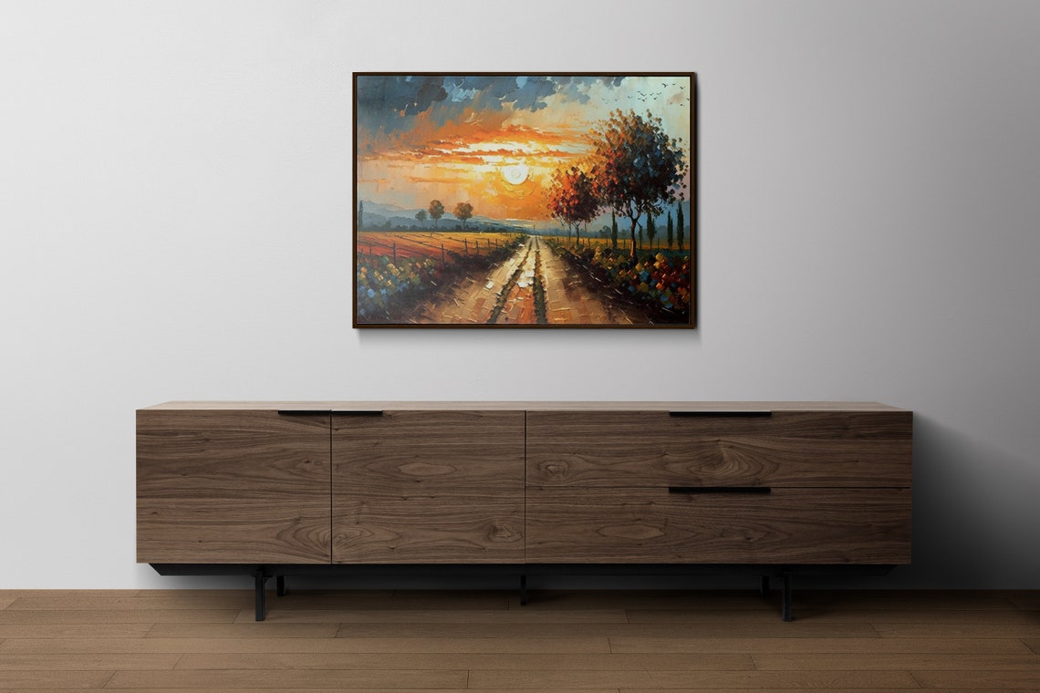Sunrise Country Lane Golden Fields Birds Flying Vintage Art Poster - Image 2