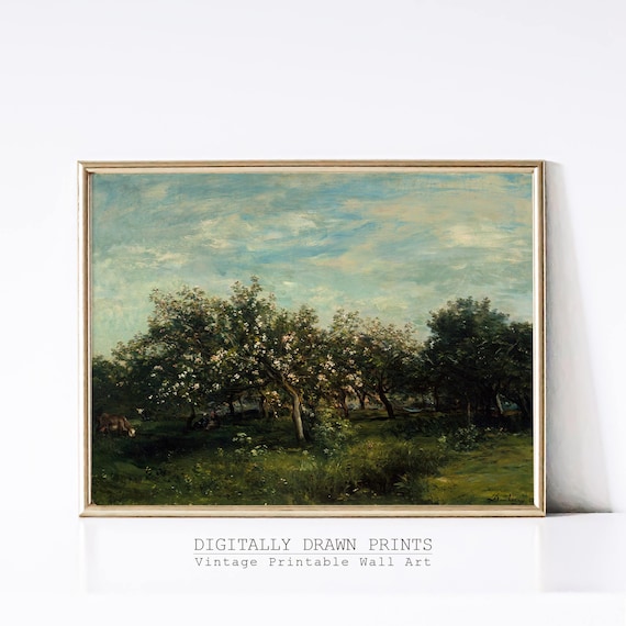 Blossoming Spring Orchard Cows Grazing Green Pasture Vintage Poster