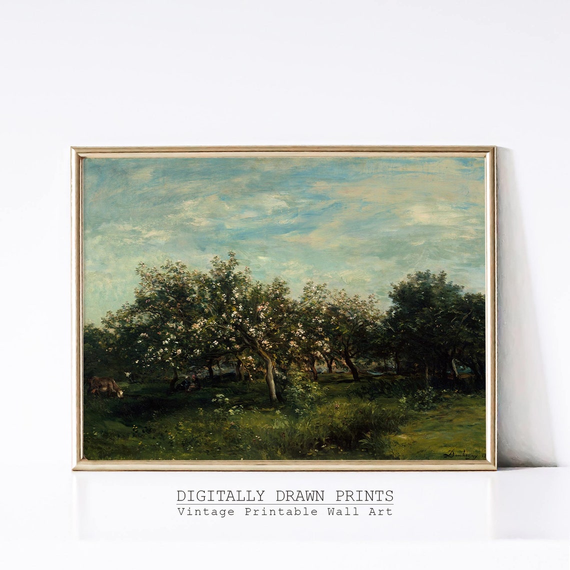Blossoming Spring Orchard Cows Grazing Green Pasture Vintage Poster