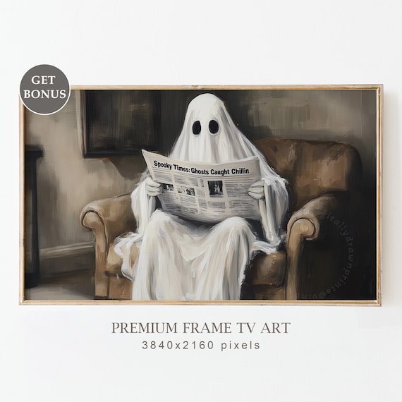 Funny Ghost Reading Spooky Times Newspaper Armchair Halloween Poster