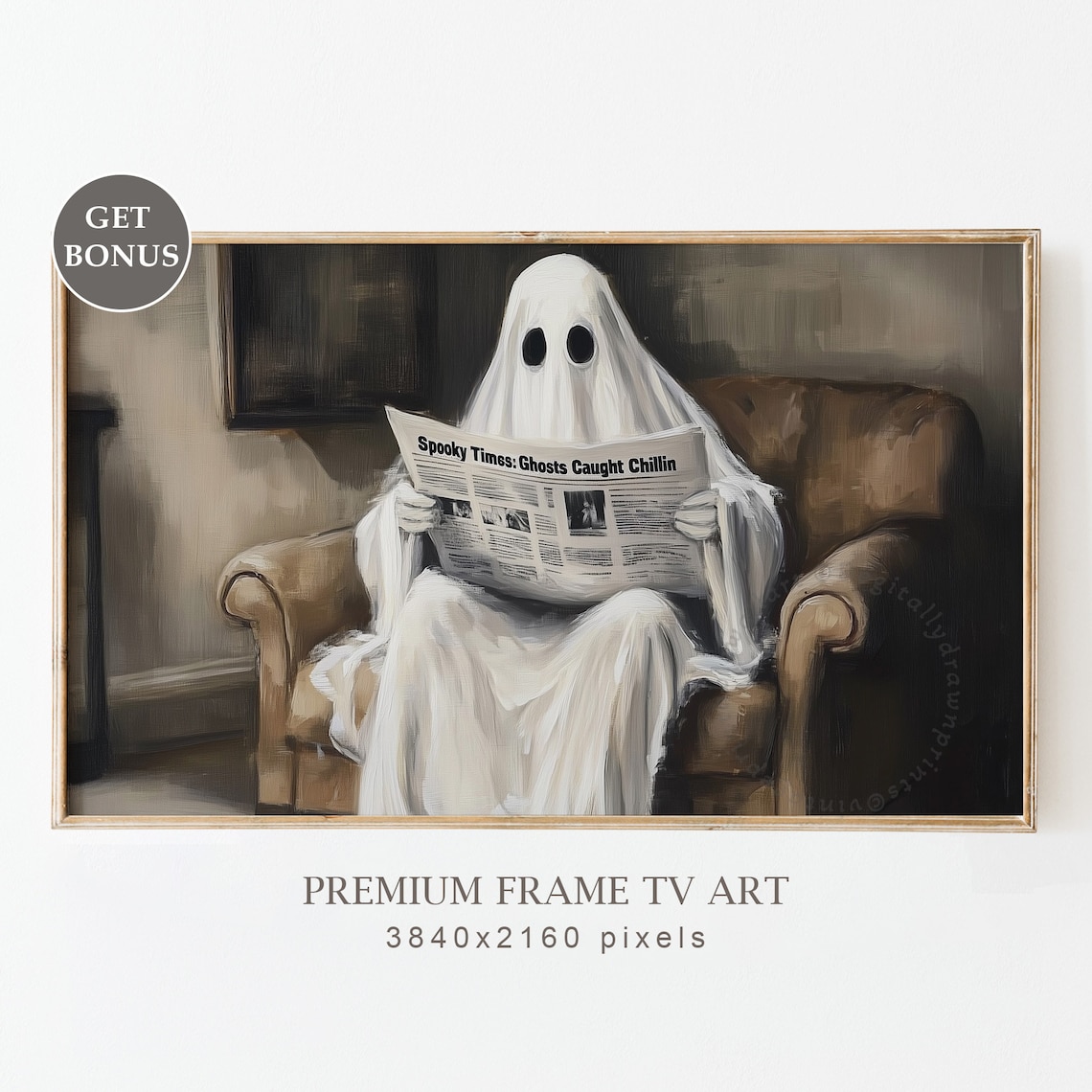 Funny Ghost Reading Spooky Times Newspaper Armchair Halloween Poster