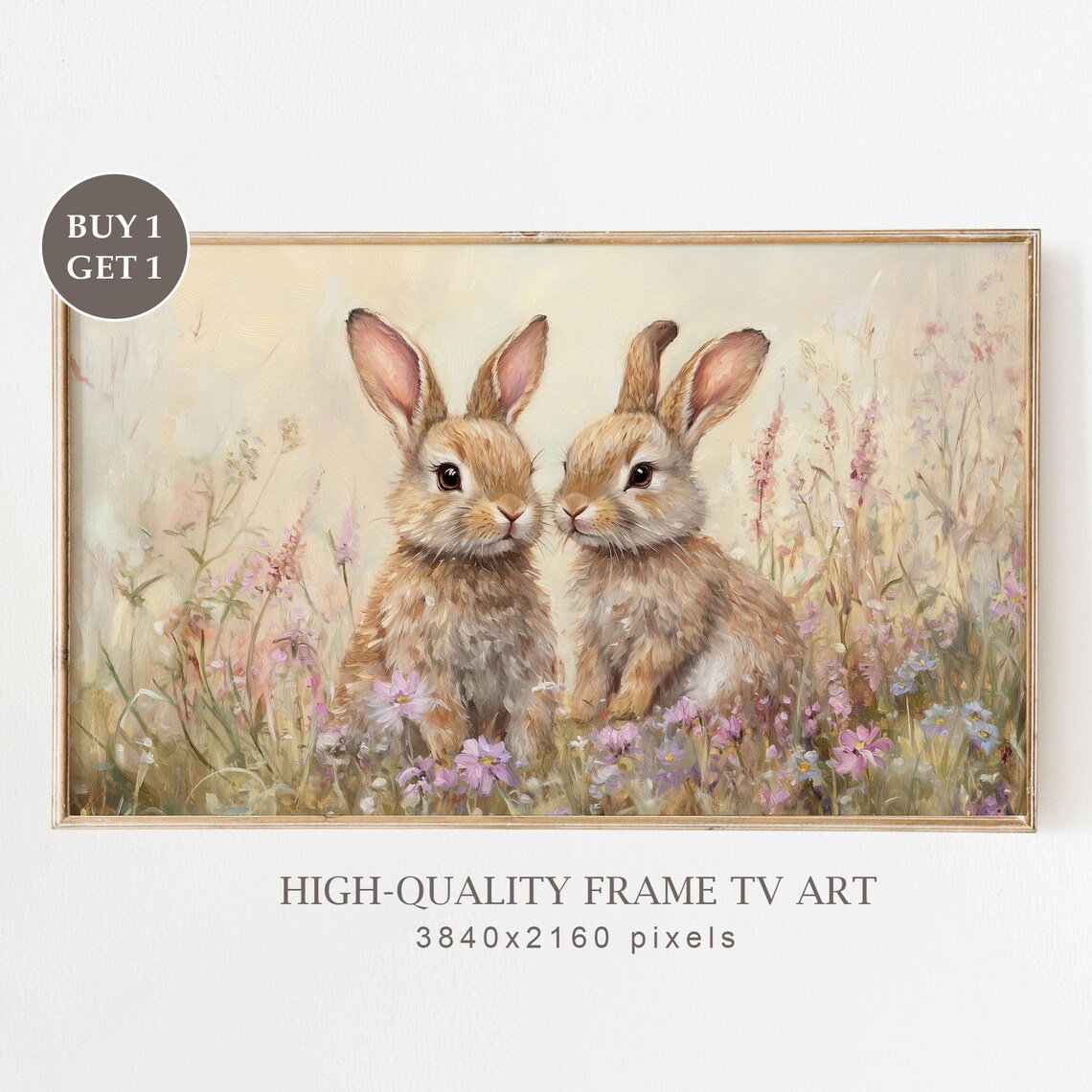 Two Baby Bunnies In Pink Wildflowers Easter Frame TV Art Poster
