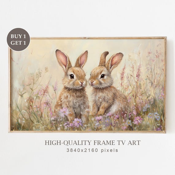 Neutral Easter Frame Tv Art Cute Bunnies Painting Farmhouse Decor Bunny In Wildflowers Landscape