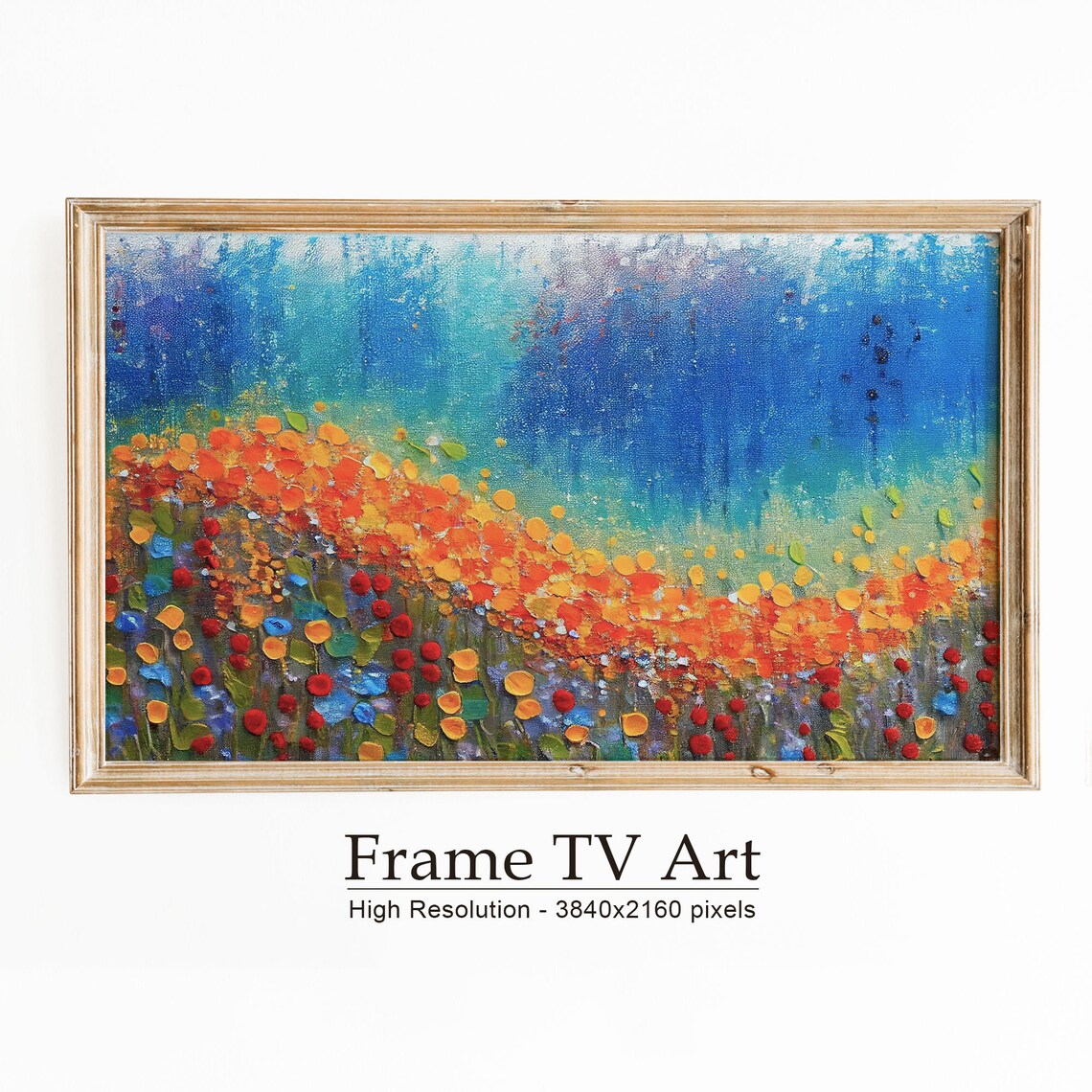 Abstract Poppy Field Oil Painting Vibrant Red Poppies Blue Sky Textured Print