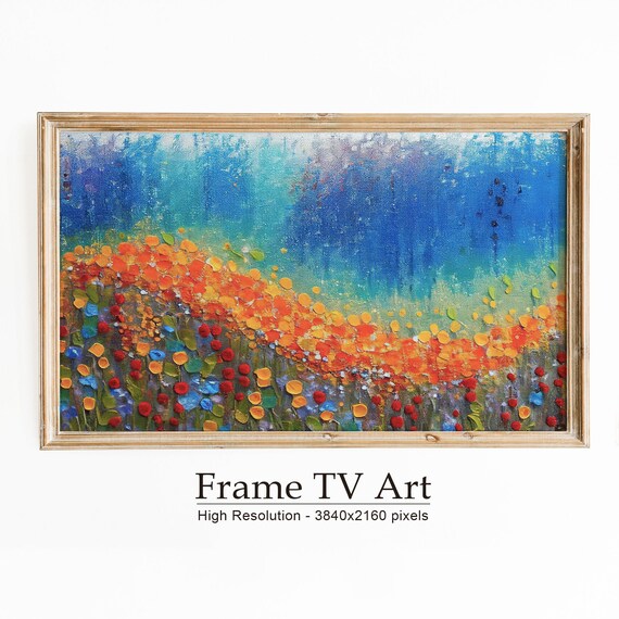 Abstract Poppy Field Oil Painting Vibrant Red Poppies Blue Sky Textured Print