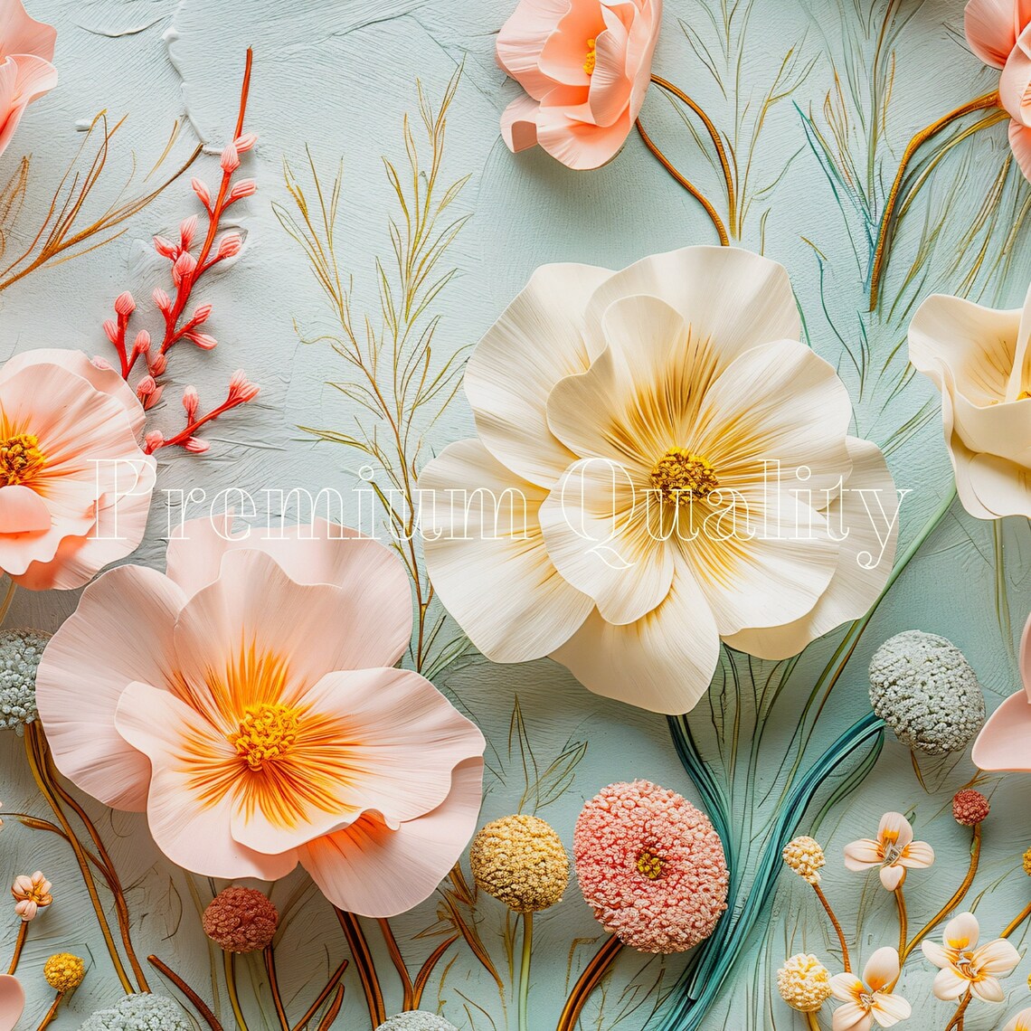 Blush Pink Cream 3D Wildflowers Mint Background Frame TV Art Print Decor - Image 2