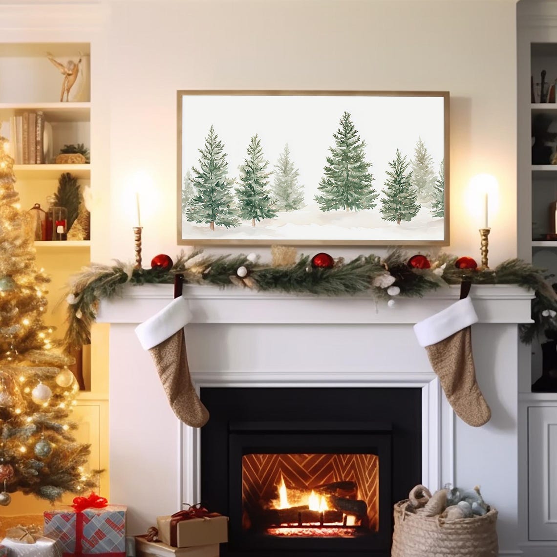 Minimalist Watercolor Evergreen Trees White Neutral Winter Poster - Image 3