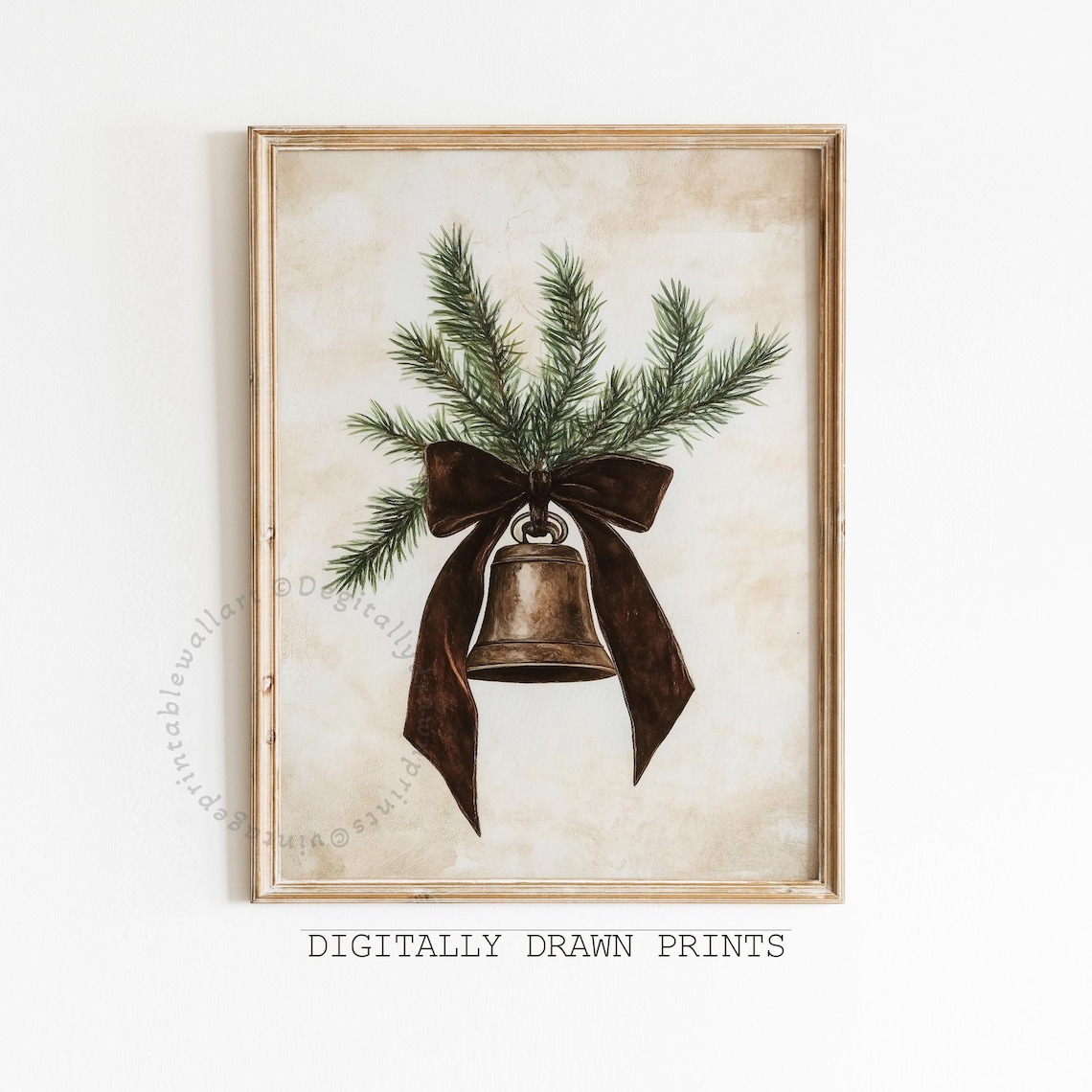Rustic Christmas Bell Art Print, Vintage Style