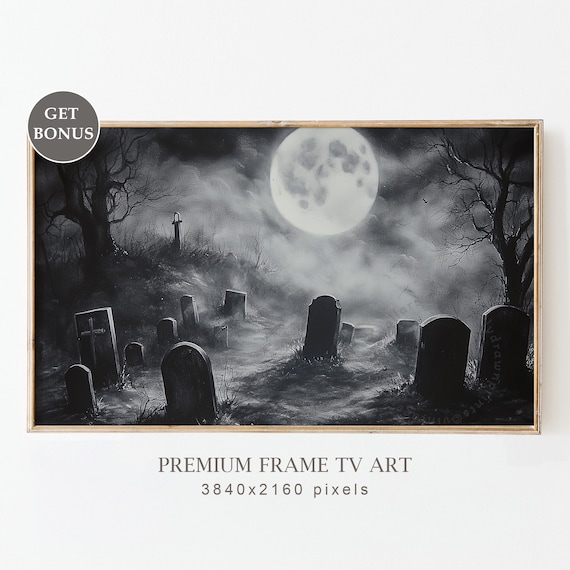 Black White Foggy Graveyard Full Moon Gothic Tombstones Halloween Poster