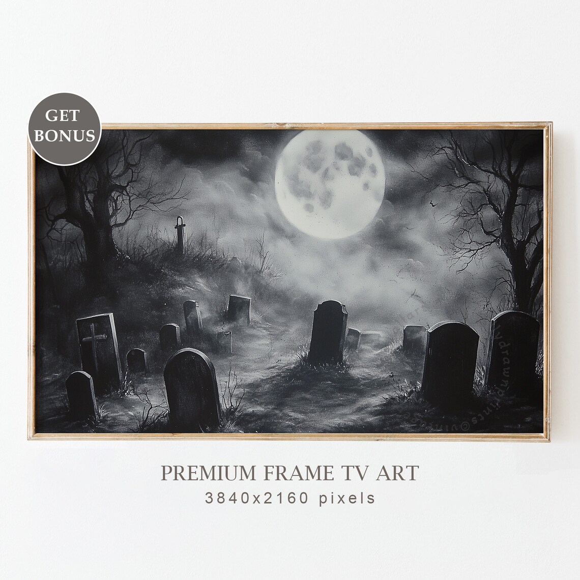 Black White Foggy Graveyard Full Moon Gothic Tombstones Halloween Poster