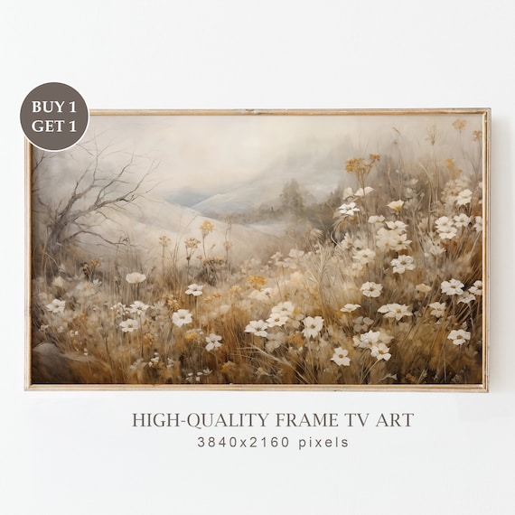 Moody Muted White Wildflower Hillside Misty Neutral Field Wall Art