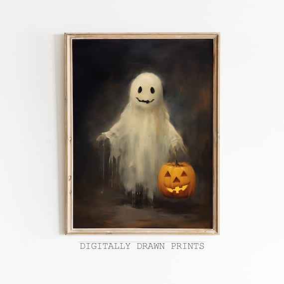 Halloween Wall Art Vintage Ghost Holding A Pumpkin Dark Academia Wall Art Moody Halloween Print Dark Art