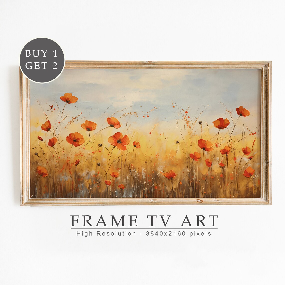 Spring Orange Poppies Field Soft Blue Sky Vintage Floral Print