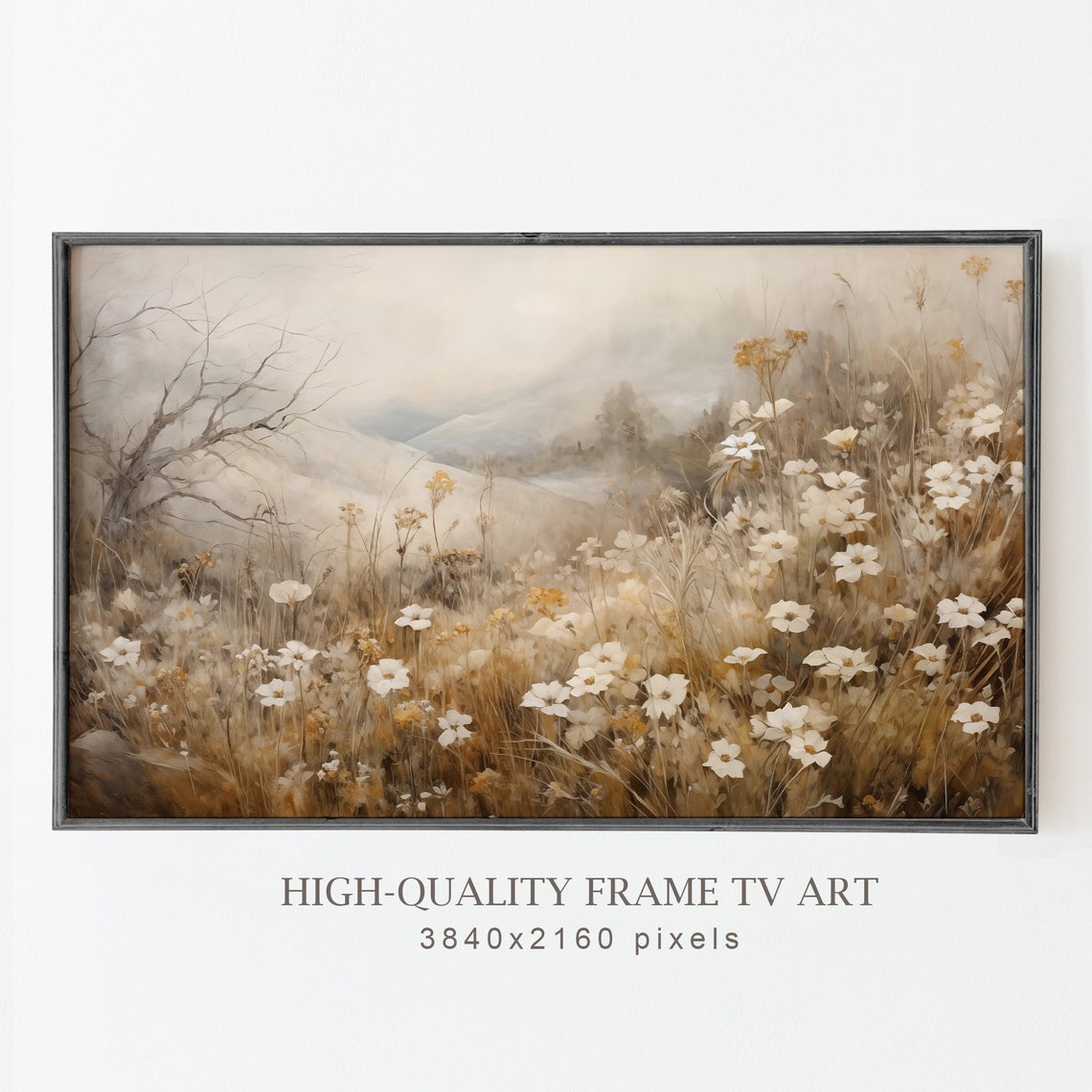 Moody Muted White Wildflower Hillside Misty Neutral Field Wall Art - Image 3