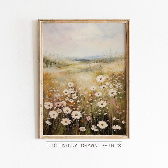White Daisies and Pink Wildflowers Misty Golden Meadow Print