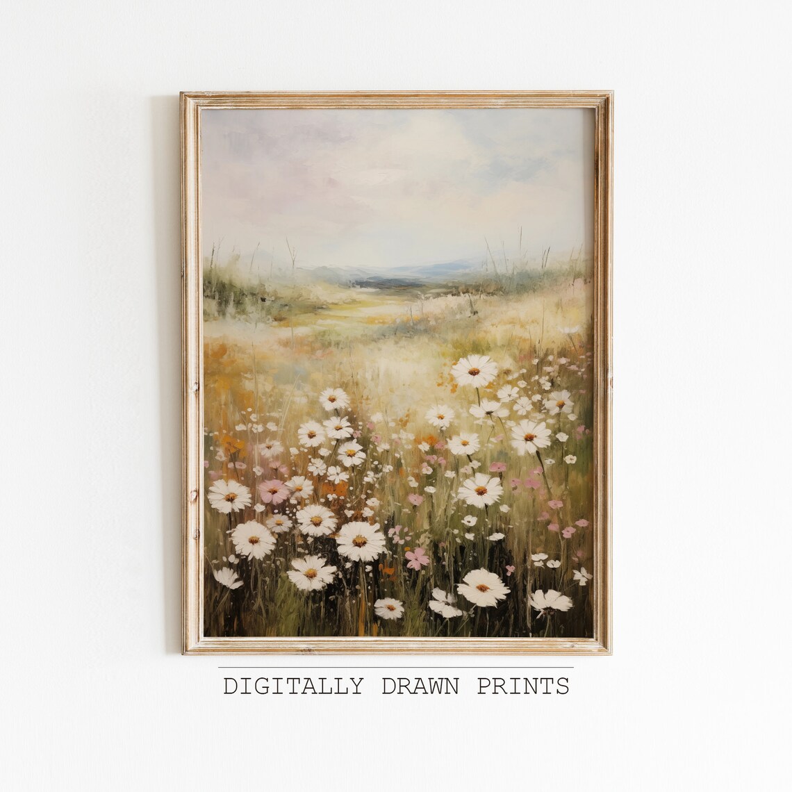 White Daisies and Pink Wildflowers Misty Golden Meadow Print