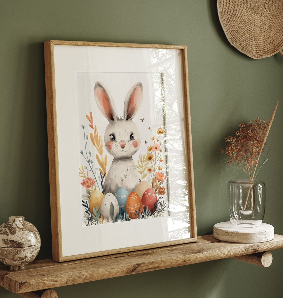 Cute Easter Bunny with Painted Eggs Spring Wildflowers Nursery Print - Image 2