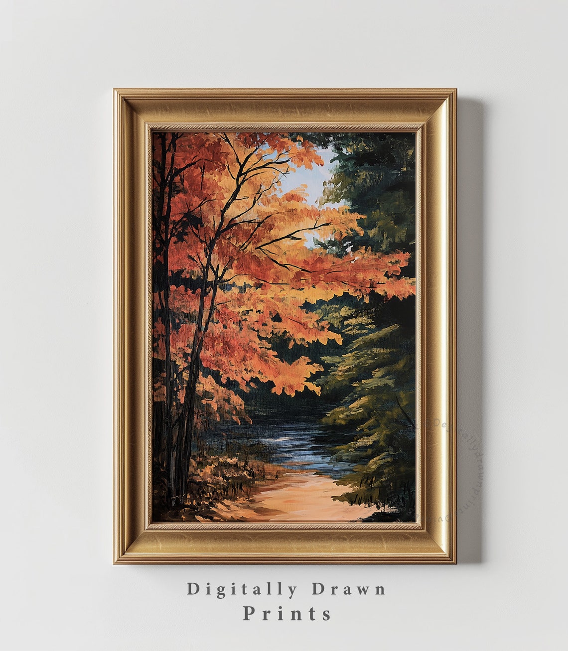 Fiery Autumn Tree Branches Over Dark Stream Rustic Painting Poster - Image 4
