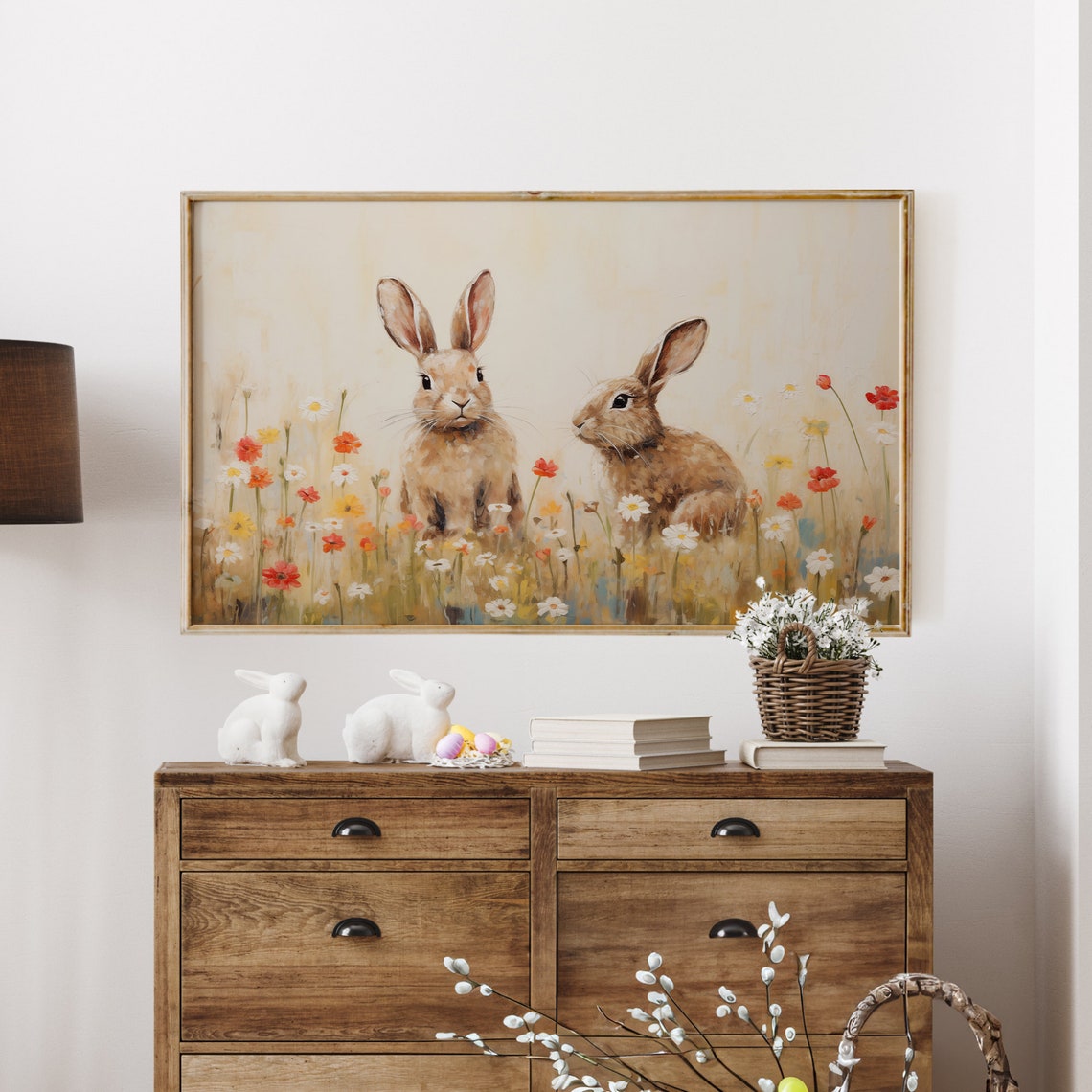 Two Bunnies in Red and White Wildflower Field Easter Art Print - Image 4