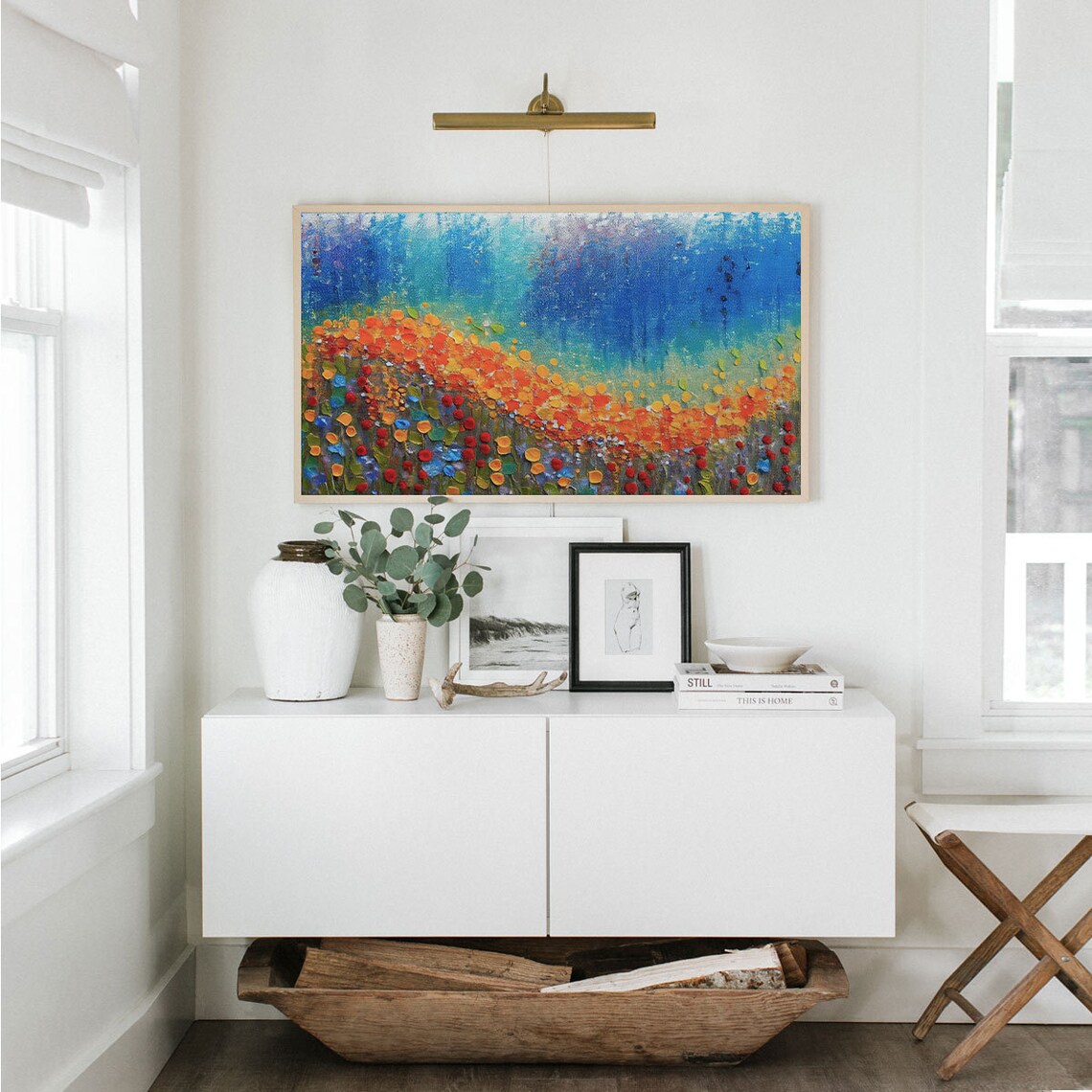 Abstract Poppy Field Oil Painting Vibrant Red Poppies Blue Sky Textured Print - Image 2