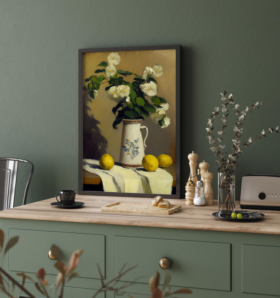 Vintage Kitchen Still Life with Flowers and Lemons - Image 3