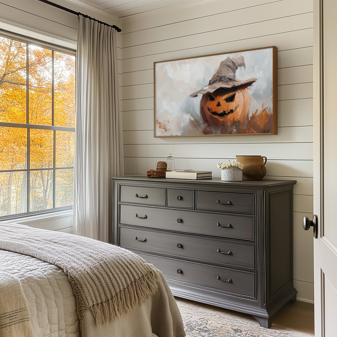 Jack O Lantern Witch Hat Impressionist Neutral Beige Halloween Poster - Image 4