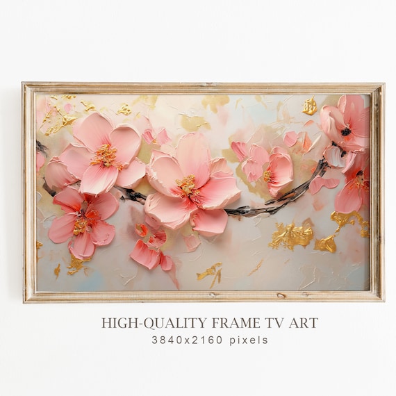 Pink Cherry Blossom Branch 3D Impasto Spring Floral Frame TV Art Print