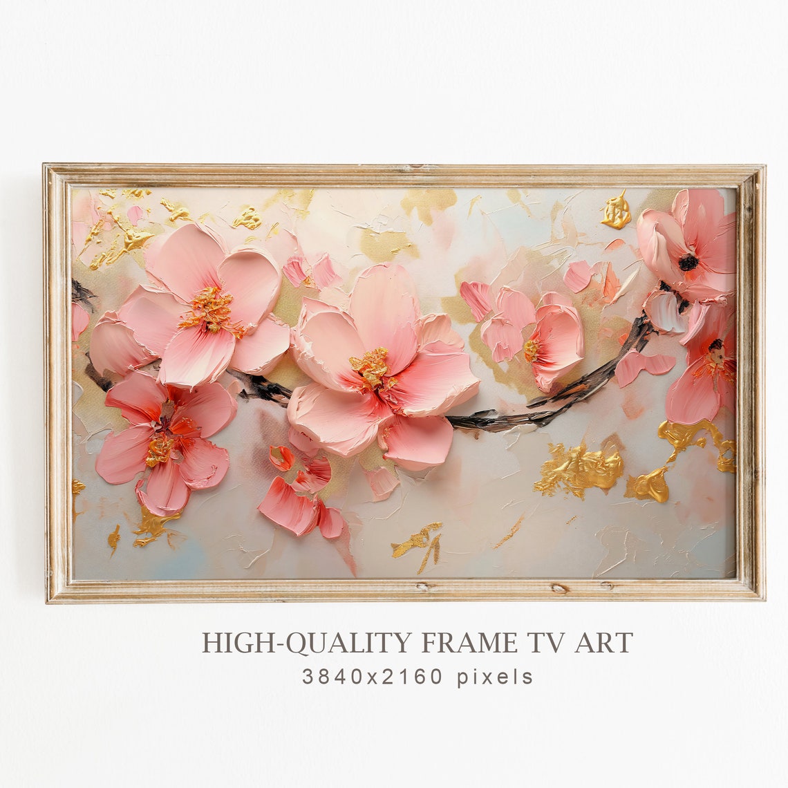 Pink Cherry Blossom Branch 3D Impasto Spring Floral Frame TV Art Print