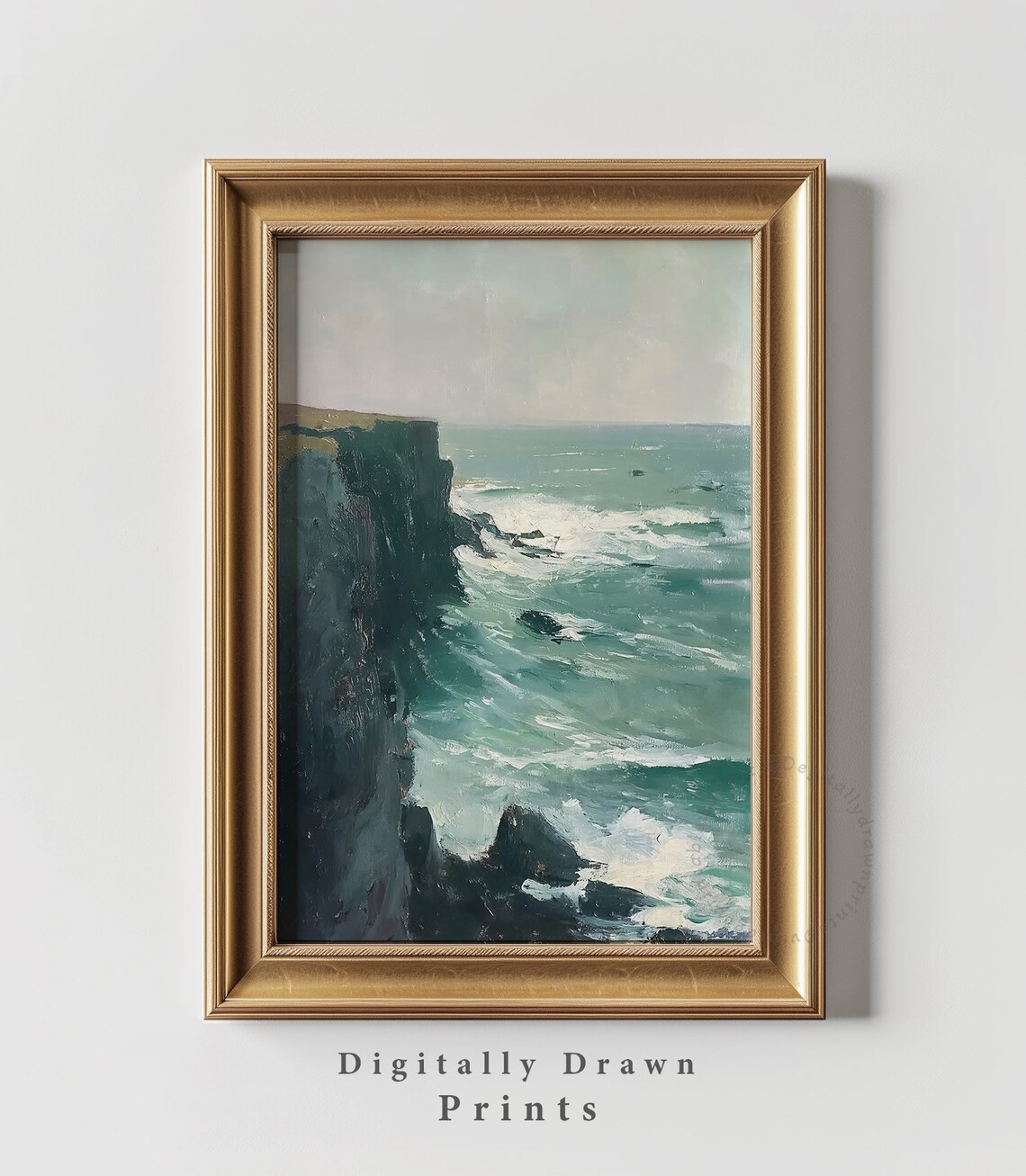 Dramatic Ocean Cliffs Crashing Waves Teal Vintage Coastal Cliff Art Poster - Image 2