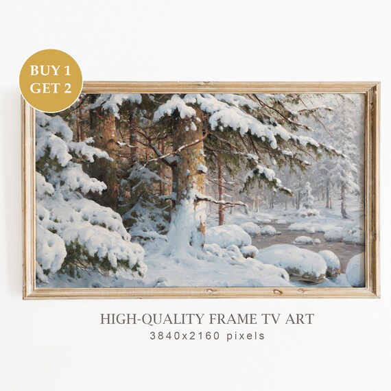 Snowy Winter Forest Stream Snow Laden Pines Vintage Landscape Poster