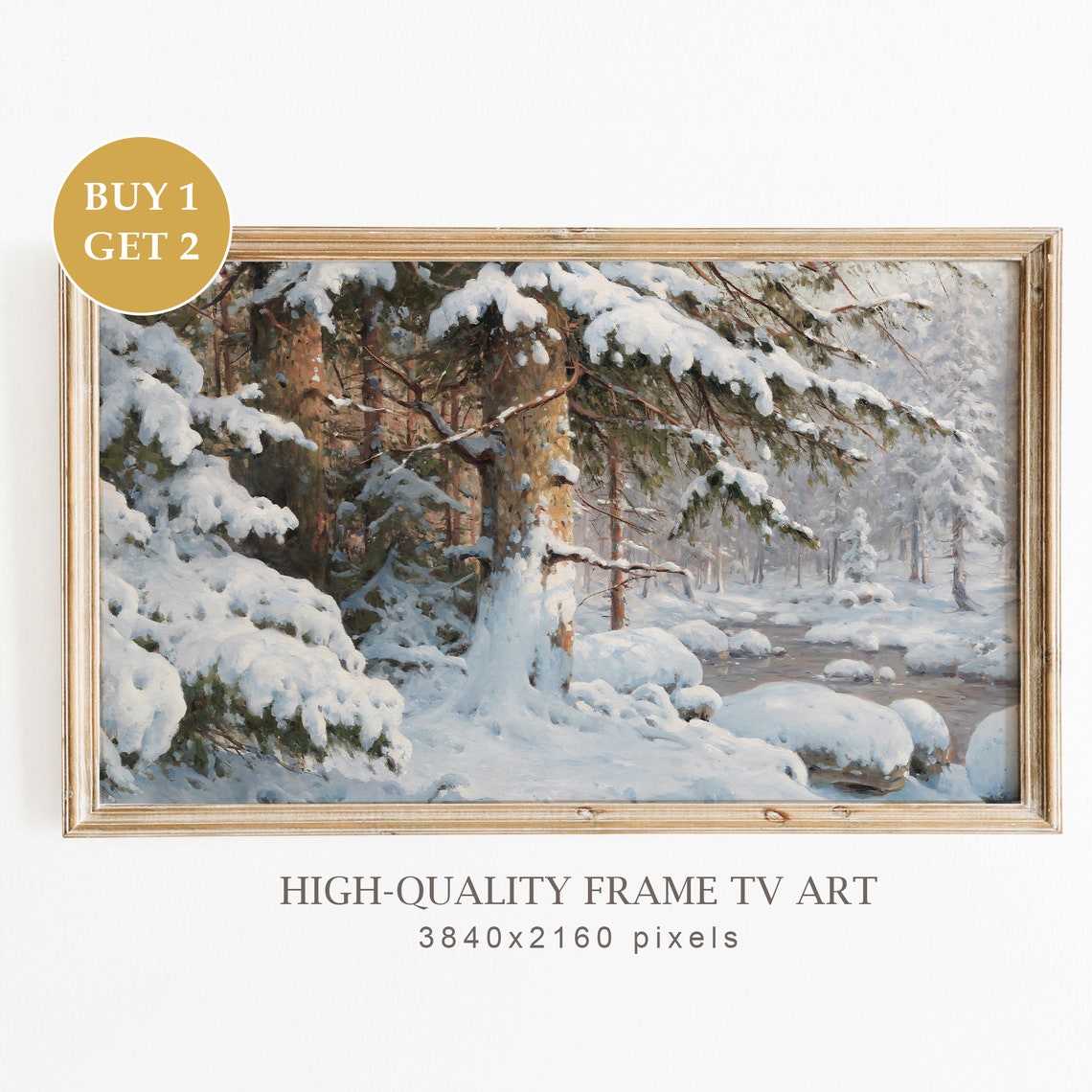 Snowy Winter Forest Stream Snow Laden Pines Vintage Landscape Poster