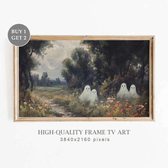Cute Ghosts Frame Tv Art Ghosts In Vintage Fall Painting Spooky Art For Tv Frame Tv Halloween Neutral Halloween Decor