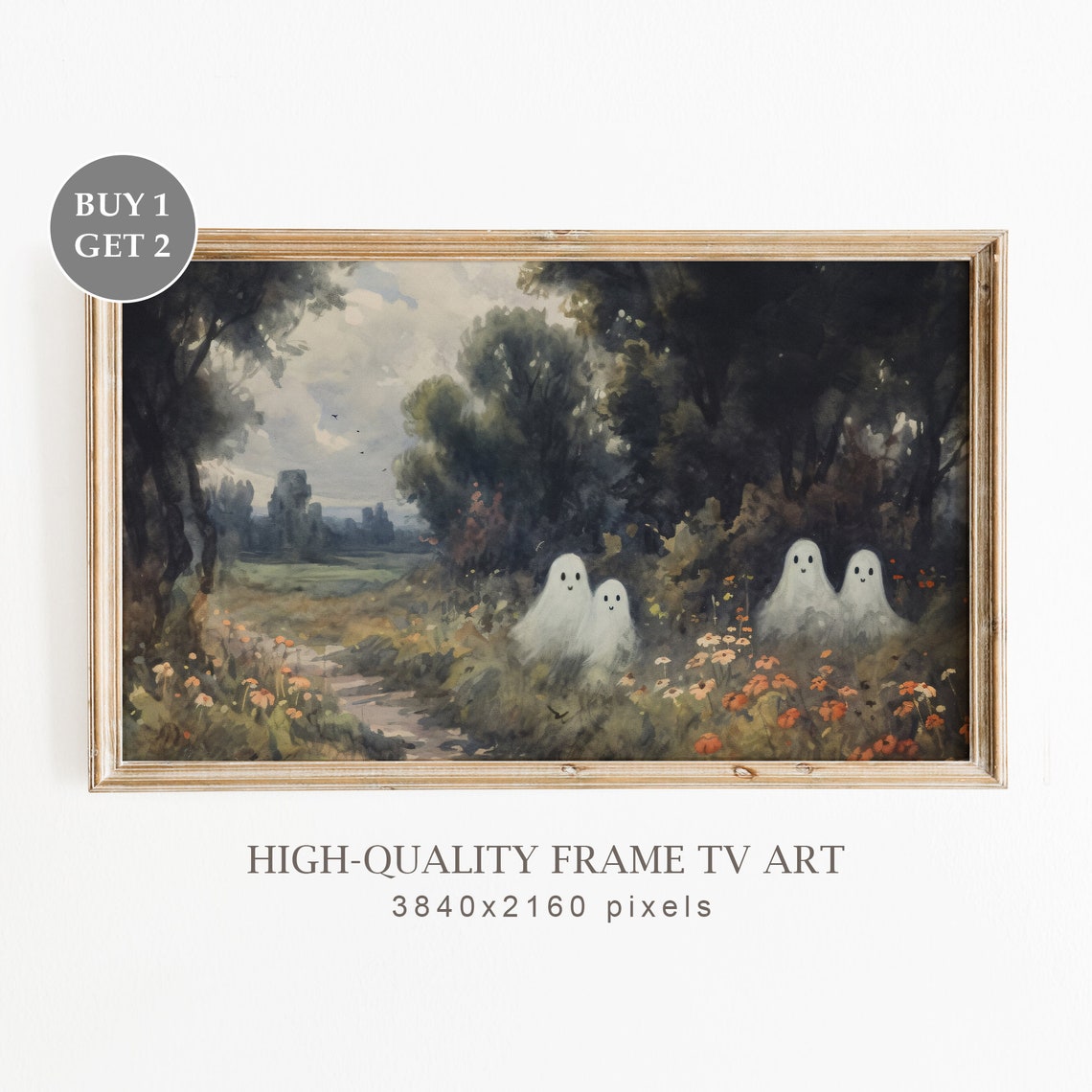 Cute Ghosts Frame Tv Art Ghosts In Vintage Fall Painting Spooky Art For Tv Frame Tv Halloween Neutral Halloween Decor