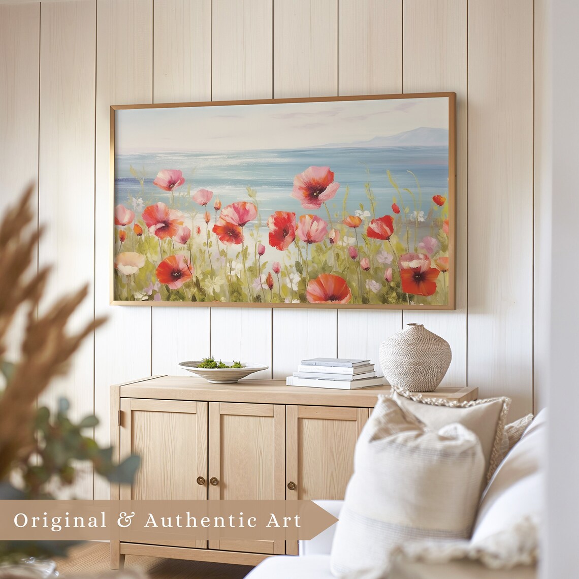 Red Poppy Wildflowers Coastal Field Sea View Floral Oil Poster - Image 5