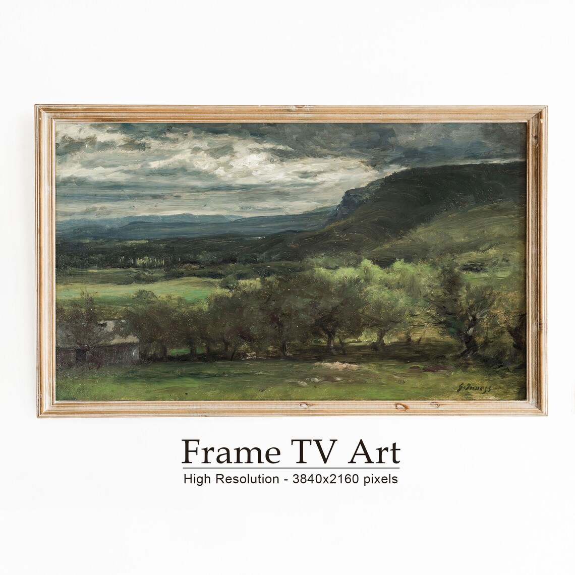 Moody Landscape Field Painting, Vintage Oil Art Print