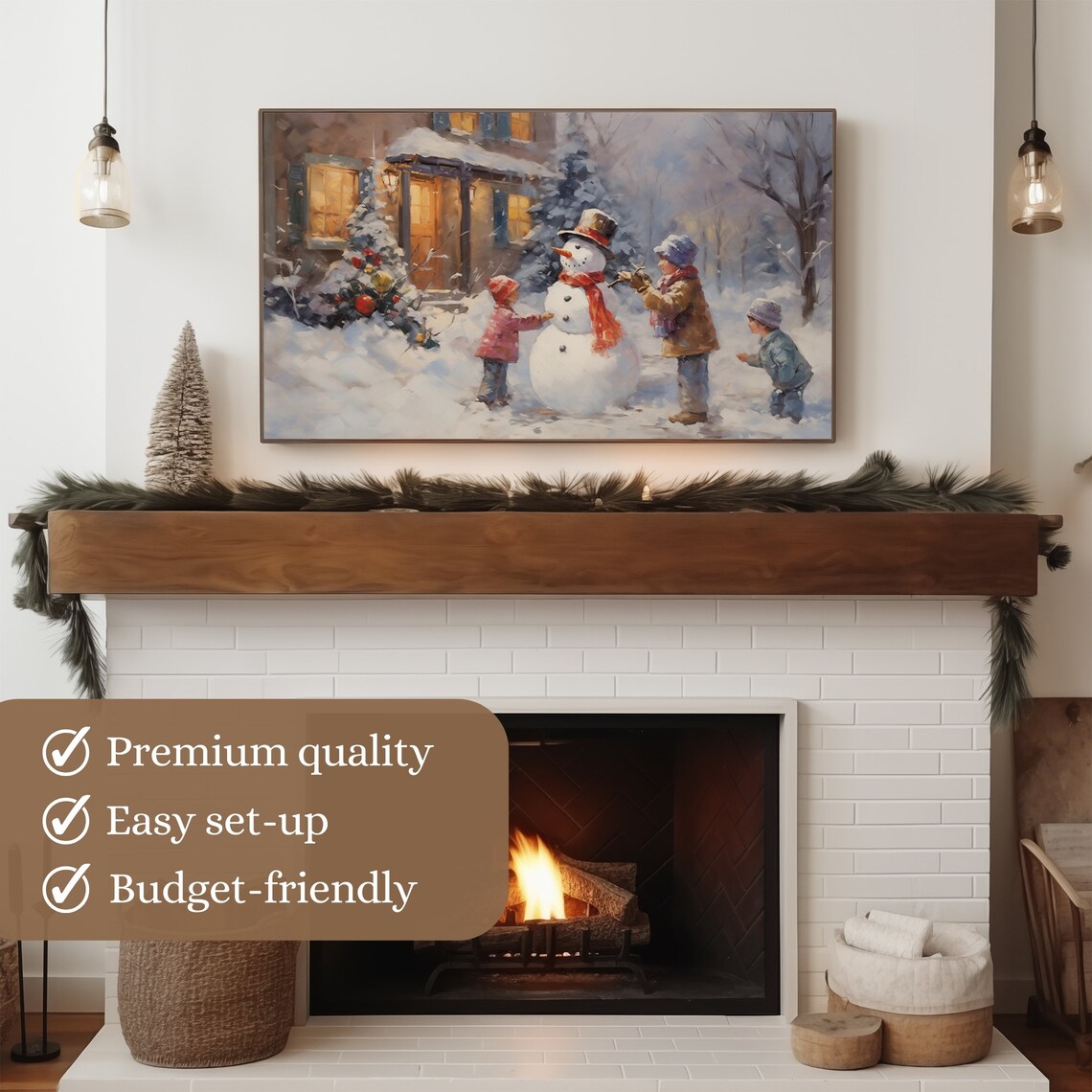 Kids Building Snowman Cozy Winter Scene Vintage Holiday Art Poster - Image 3