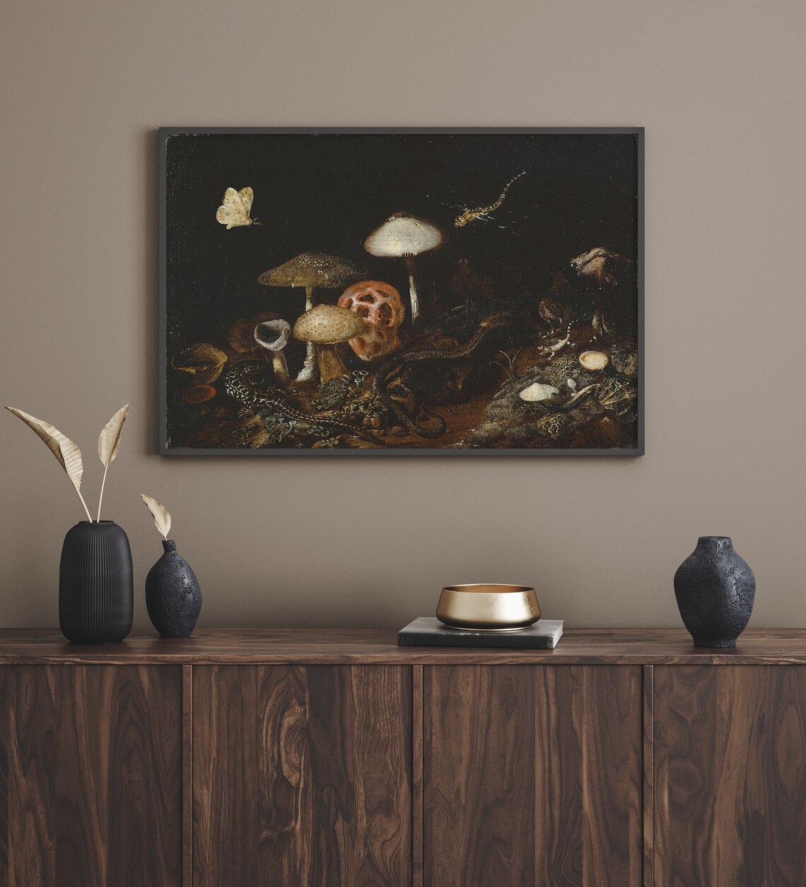 Moody Forest Floor Mushrooms Butterfly Dark Vintage Nature Art Print - Image 3