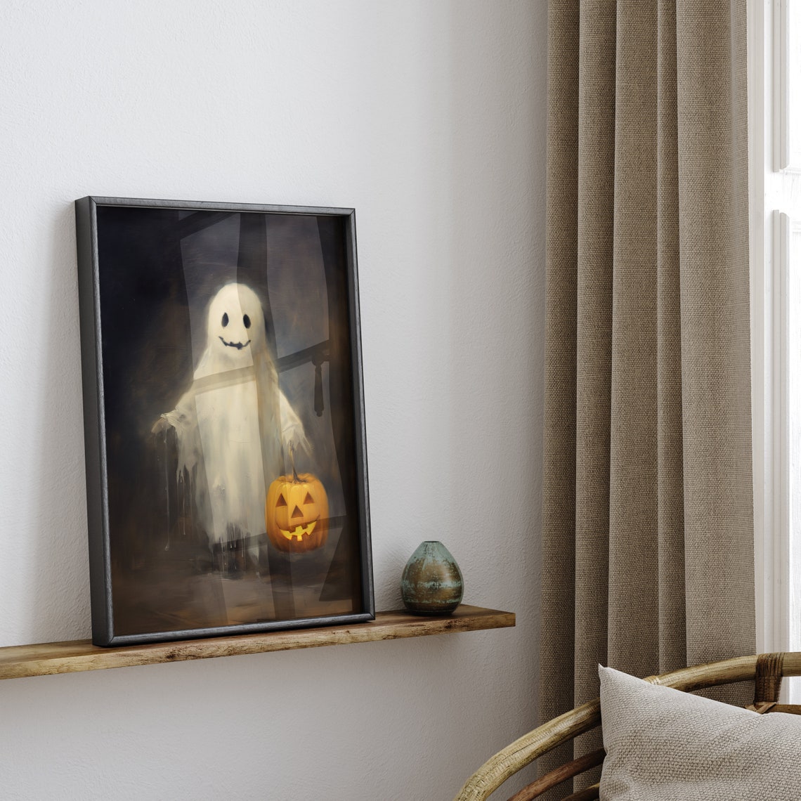 Vintage Ghost Holding Glowing Jack O Lantern Dark Halloween Art Print - Image 2