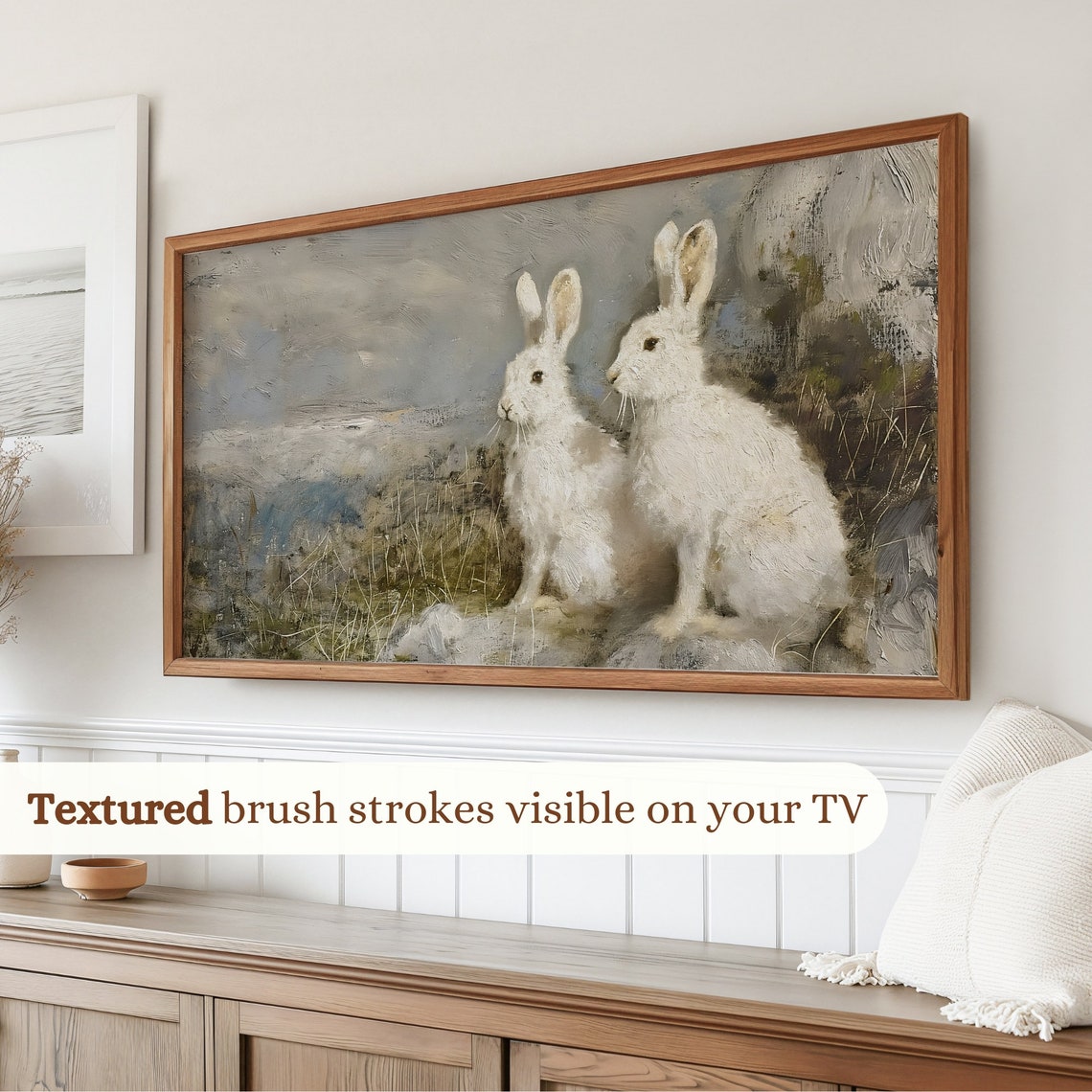 Two White Rabbits Misty Field Vintage Easter Frame TV Art Poster - Image 2