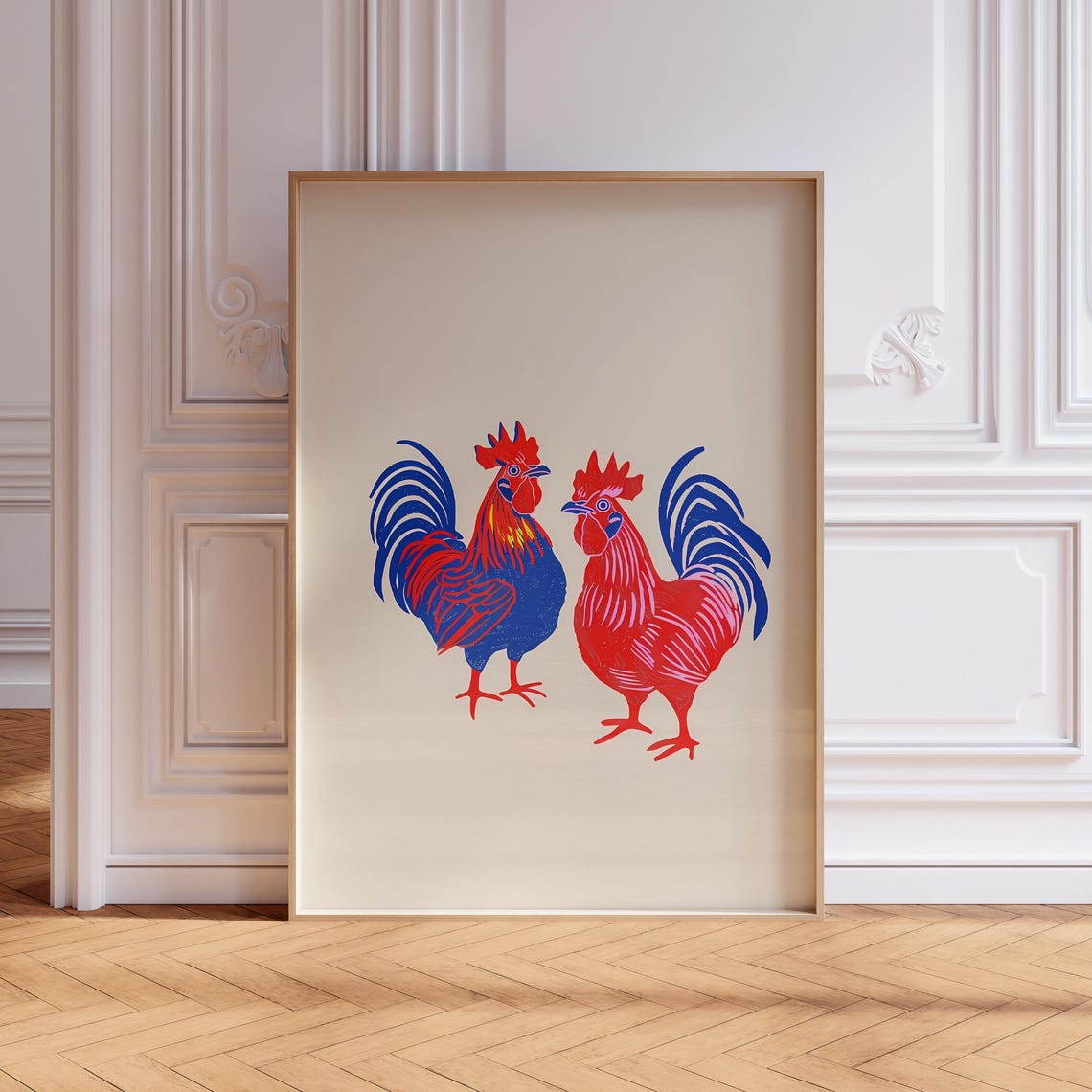 Red and Blue Rooster Pair Bold Pop Art Chicken Silhouette Wall Poster